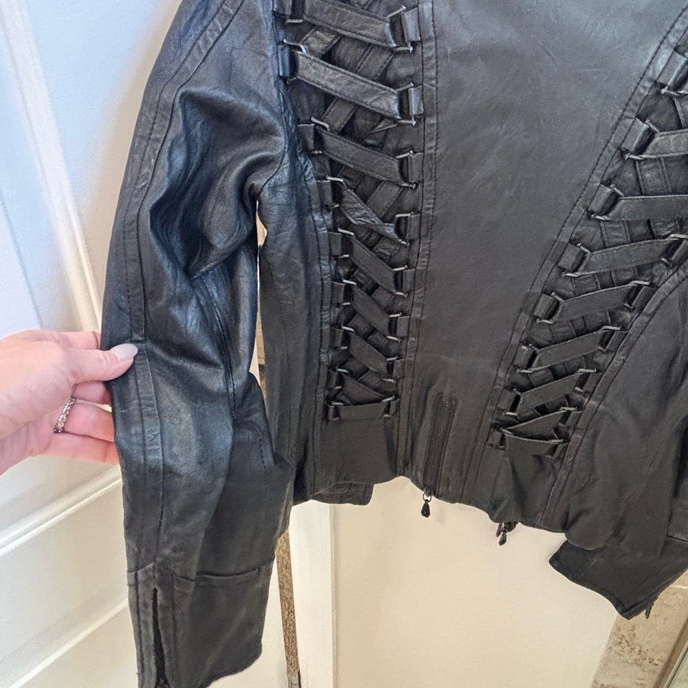 Affliction Black Leather Jacket with Purple Lining - Picture 4 of 5